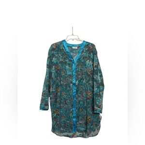 Vintage Victoria’s Secret Blue Satin Floral Print Striped Long Sleeve Blouse‎